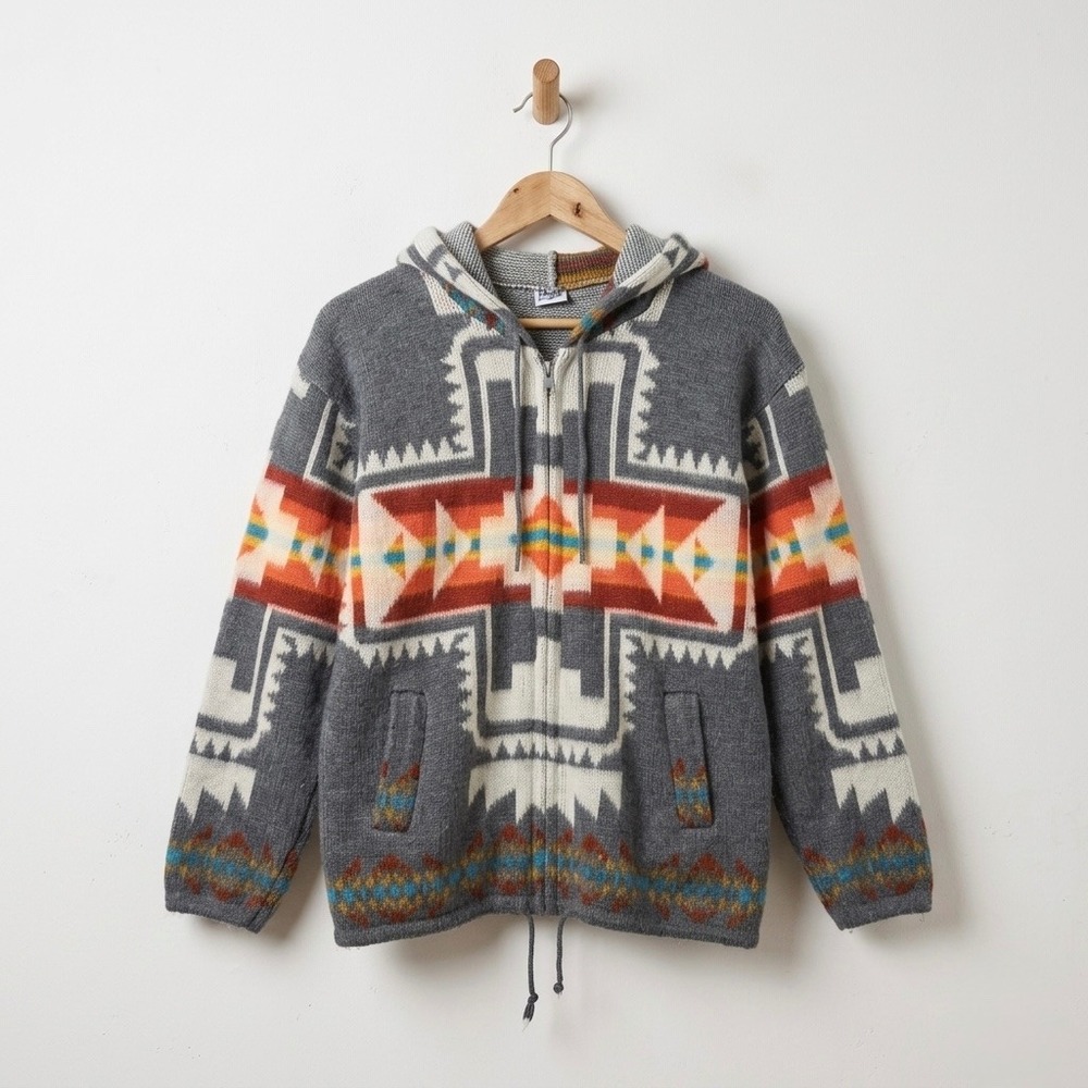 Yari Artesanias Wool Southwestern Aztec Zip Hoodie Sweater Gray Mens Small S